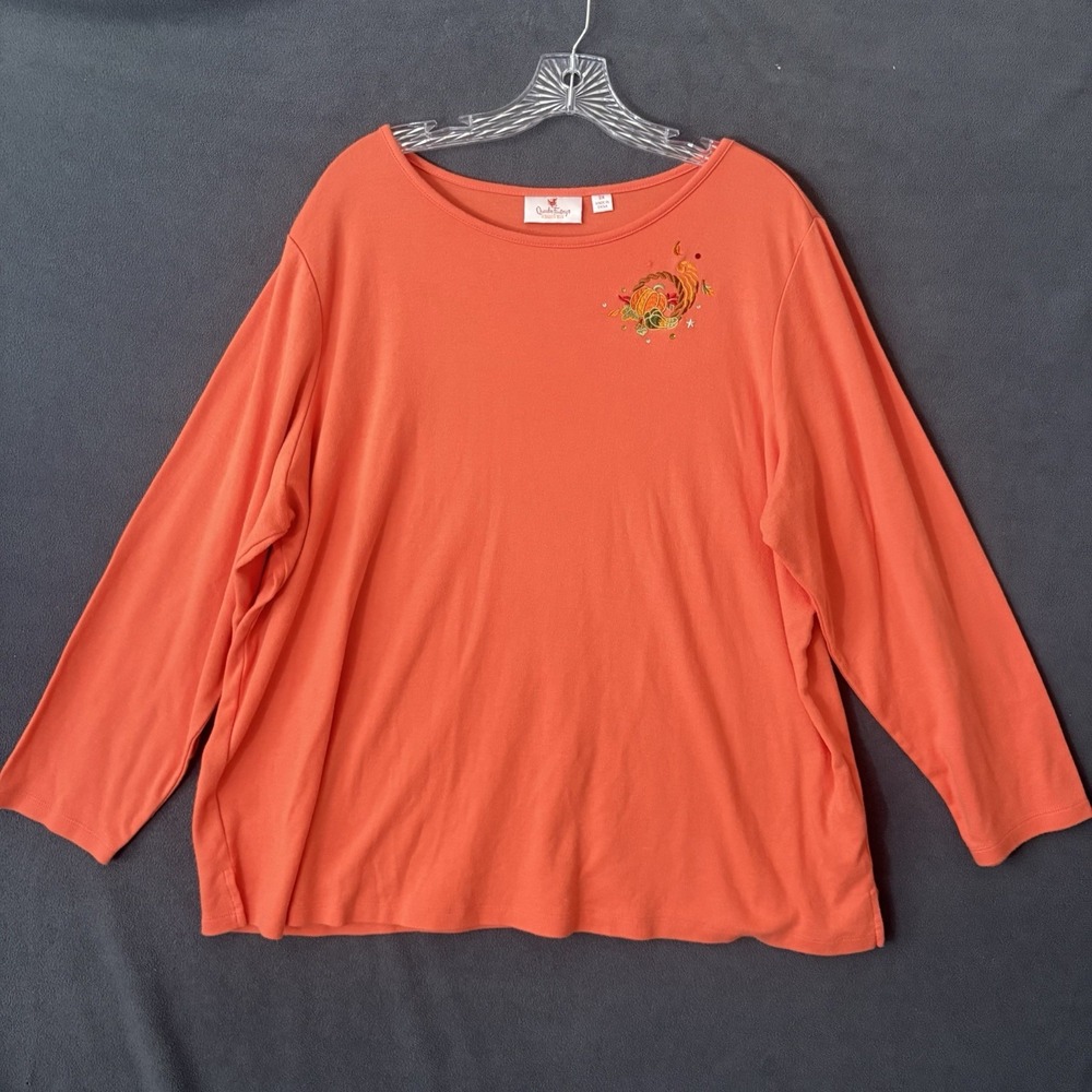 Quacker Factory  Size 2x Autumn Pumpkin Embroidery Rhinestone Knit Top 90s 80s